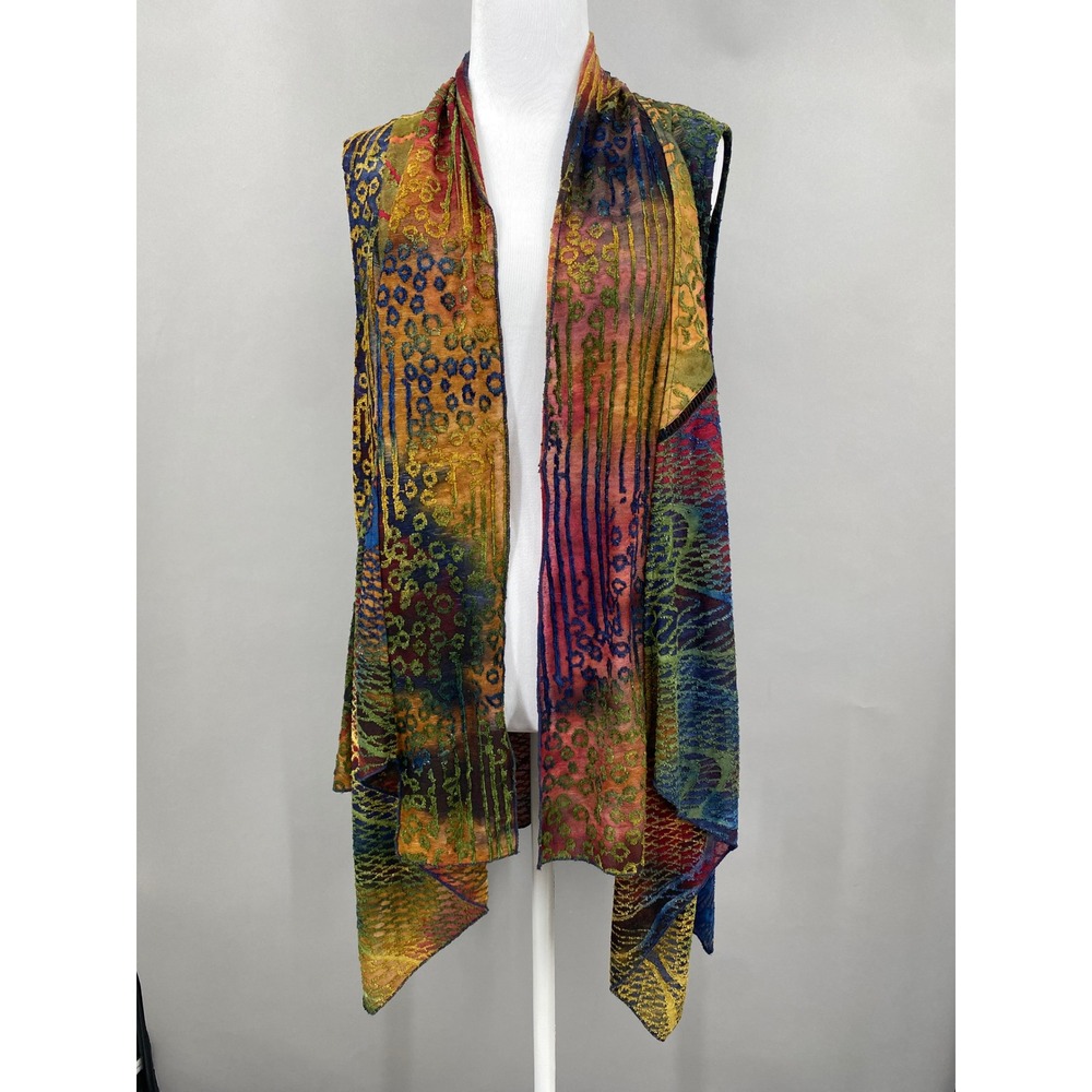 Kamana Burnout Open Front Duster Vest Womens XL Multicolor Boho Lagenlook Art
